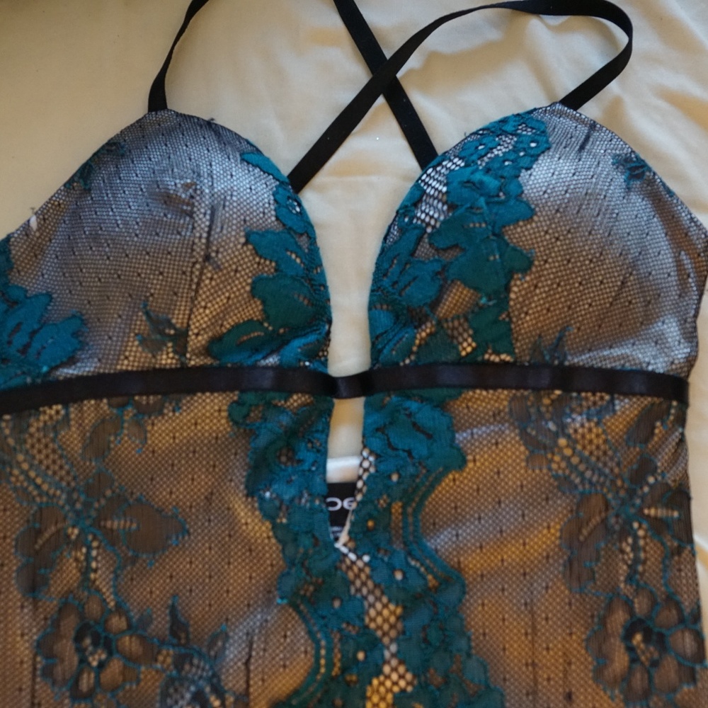 Bebe Teal and Nude Lace Mini Dress